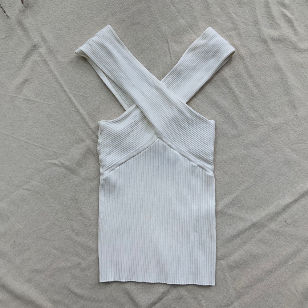 Maje White Ribbed Cross-Front Tank Top